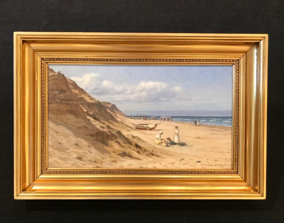 N.F.Schiøttz-Jensen, Parti fra Lønstrup med kvinder på stranden og badevogne - str:31x52 cm - solgt/sold/verkauft