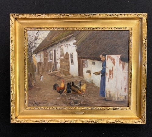 H.A.Brendekilde - Ung pige fodrer hønsene 1903 - Str: 48x63 cm - solgt/sold/verkauft