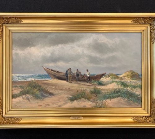Holger Lübbers - &amp;quot;fiskere på stranden&amp;quot; - str:37x63 cm -  solgt!