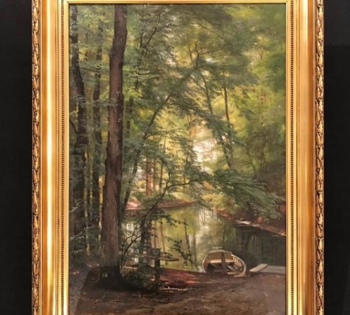 C.F.Aagaard. skovparti med åløb og sollys gennem træerne - 1883 - str:110x75 cm -solgt/sold/verkauft!