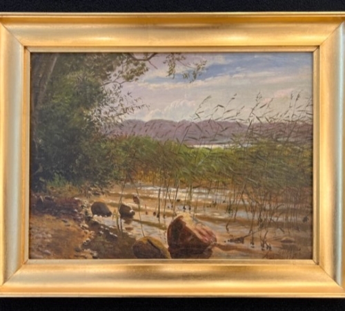 August Fischer, Parti fra skovkant ved sø 1872 - str:29 x 40 cm - 3.800 kr/500€
