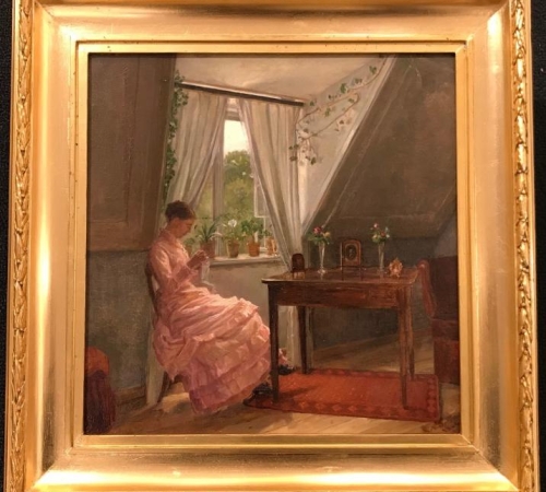 Carl von Schmidt-Phiseldeck: Interiør med Anna Augusta Åhman (1862–1922), der syr ved et vindue. Sign. 1884 C. v. S.-P. - Str:27×28.- solgt/sold/verkauft