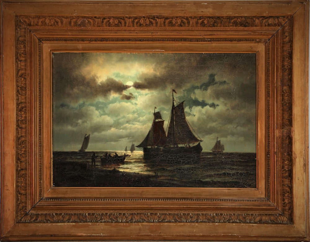 Carl Bille - Kystparti i måneskin 1884 - str: 32x48 cm - solgt/sold/verkauft