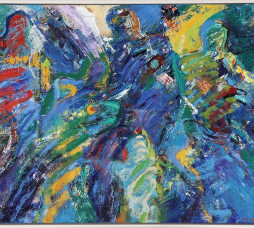 Hans Tyrrestrup:  Figurkomposition. Sign. Tyrrestrup 1996. Olie på lærred. 100×150. -  solgt!