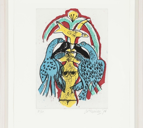 Corneille: Komposition fra “Femmes et oiseaux”. Sign. Corneille 98, 21/60. Radering i farver. Bladstørrelse 48 × 36 - Pris:3.400 kr