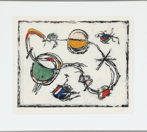Robert Jacobsen: Uden titel. Sign. Rob. Jacobsen, 152/250. Håndkoloreret radering. Lysmål 49 × 61. - pris:12.000 kr.