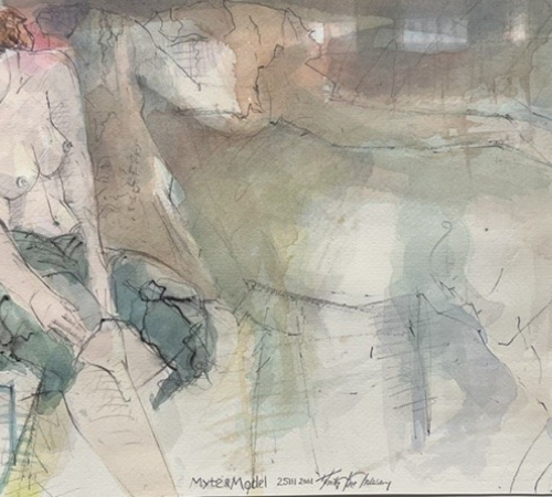 Fritz Bro Pedersen - Myte & Model. - Bly og akvarel. Sign. Frits Bro Pedersen 2001. Arkstørrelse 26 x 36 cm - pris.2.800 kr.