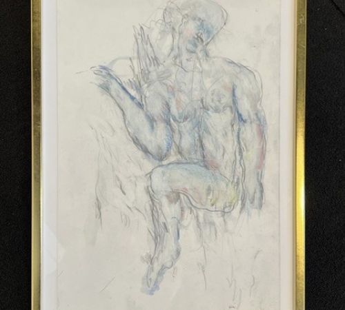 Svend Wiig Hansen. "illustration til mennesker ved havet 1986" - Oliekridt og kul på papir. Bladstørrelse 50x33 cm - 8.500 kr.