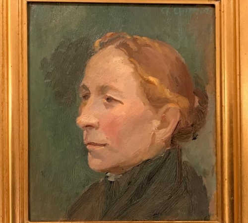 Anna Ancher, kvindeportræt fra 1908 af Skagbo Maren Leer, der var ung pige i huset hos fam. Ancher - str:23x20 cm - solgt! - I 2020 er der udstillinger med Anna Ancher på Statens Museum for kunst med start i februar og i Juni på Skagen Museum