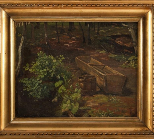 Theodor Philipsen, skov scene med vandtrug - str:31x40 cm - solgt!
