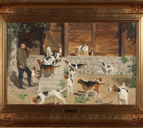 Adolf Heinrich-Hansen - Jagt til hest forberedes med Foxhunde - str:35x53 cm - Pris:22.500kr/3000€ - solgt/sold/verkauft