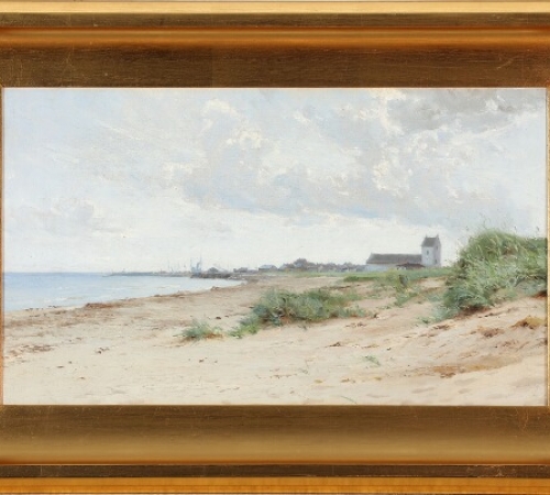 C. M. Soya-Jensen: “Sæby Strand” med Sæby Kirke - str:33x55 cm - solgt!