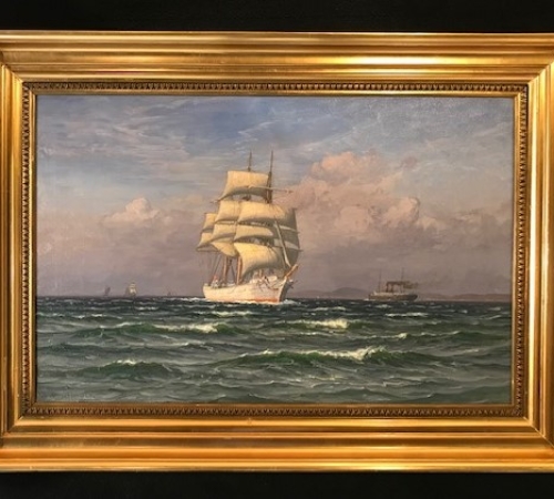 Vilhelm Arnesen, fulrigger str: 48x75 cm - Proveniens: Nedarvet i familien fra Egon Vitus, som var kammertjener for Frederik IX - solgt/ sold/ verkauft