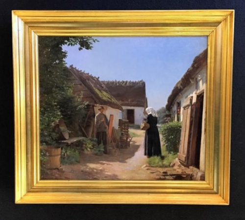 Gustav Vermehren, Landsby scene - str 61x71 cm - solgt/sold/verkauft