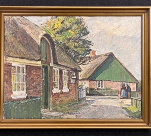 Niels Holbak - Parti fra Fanø, med fanøkone i en snak på gaden - str:48x64 cm - pris:4.500kr/600€