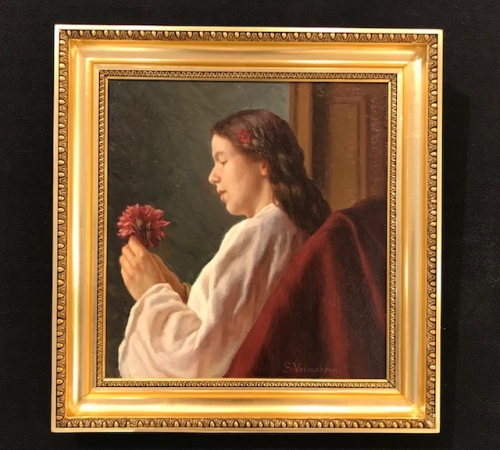 Sophus Vermehren - Interiør med ung kvinde med blomst - str:48x45 cm - pris:7.800 kr/1.050€
