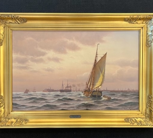 Johan Neumann - marine med skibe udfor havn - str:43x66 cm - solgt!