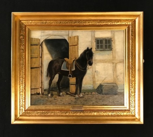 Fritz Gotfred Thomsen, Opsadlet hest klar til rytter! - str:33x41 cm - solgt/sold/verkauft