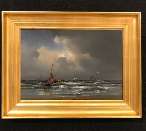 Carl Neumann - Marine med talrige skibe i optrækkende uvejr - str:25x37 cm -  solgt!