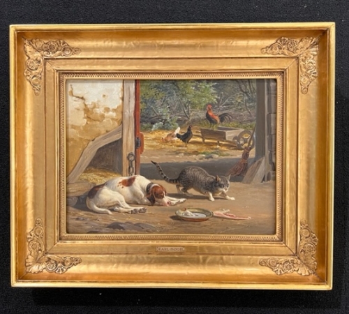 Carl Bøgh - Katten løs i hundegården 1858 - str:30x40 - solgt/sold/verkauft